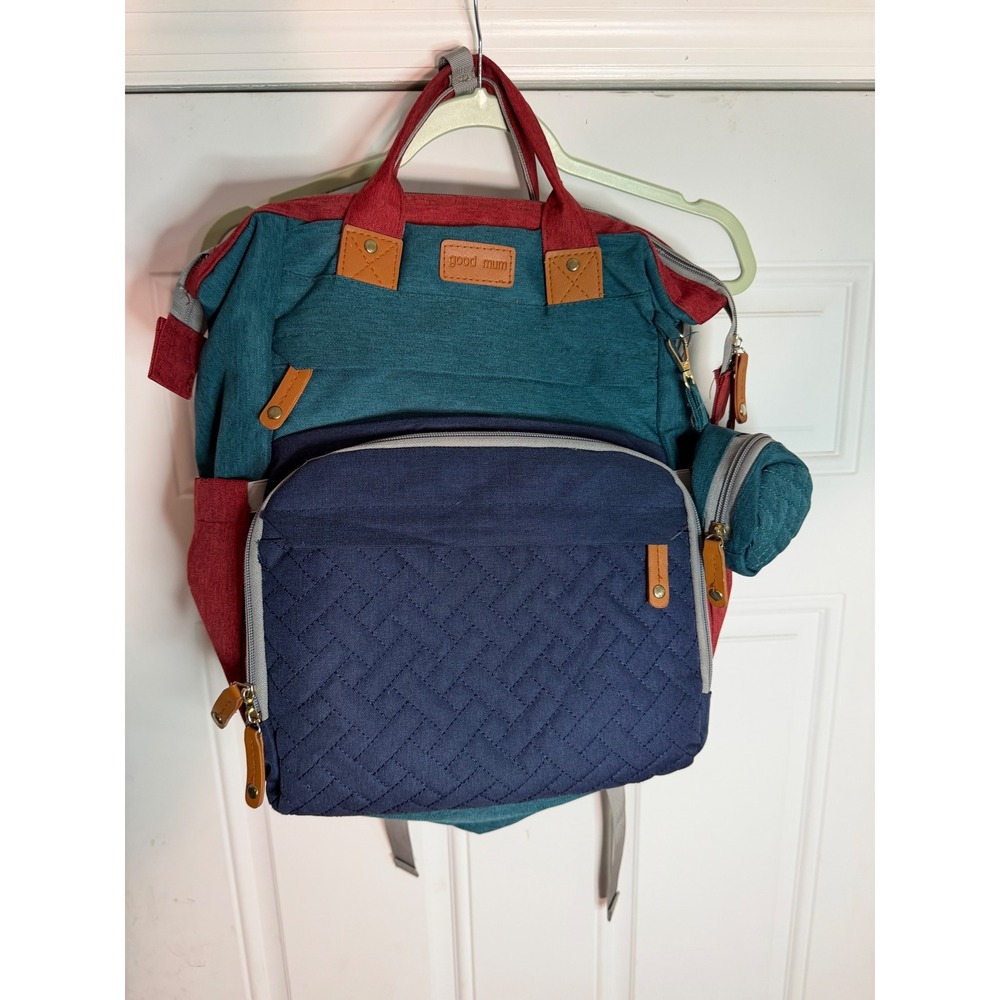 Good Mum Diaper Bag Backpack Colorblock Teal Navy Burgundy with Stroller Clips